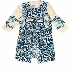 Chico's Women’s Small Linen Teal and Cream Floral Jacket NWT